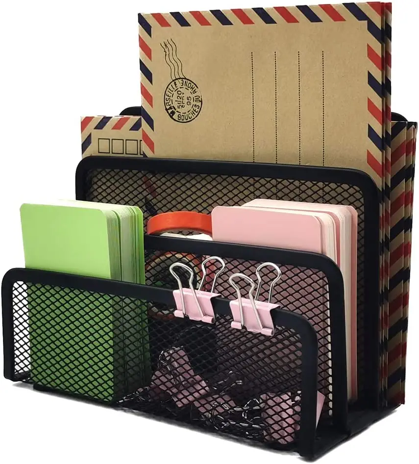 Metal Mesh Office Desk Mail Organizer, Small Letter Sorter, Desktop File Organizer, 3 compartimentos verticais verticais