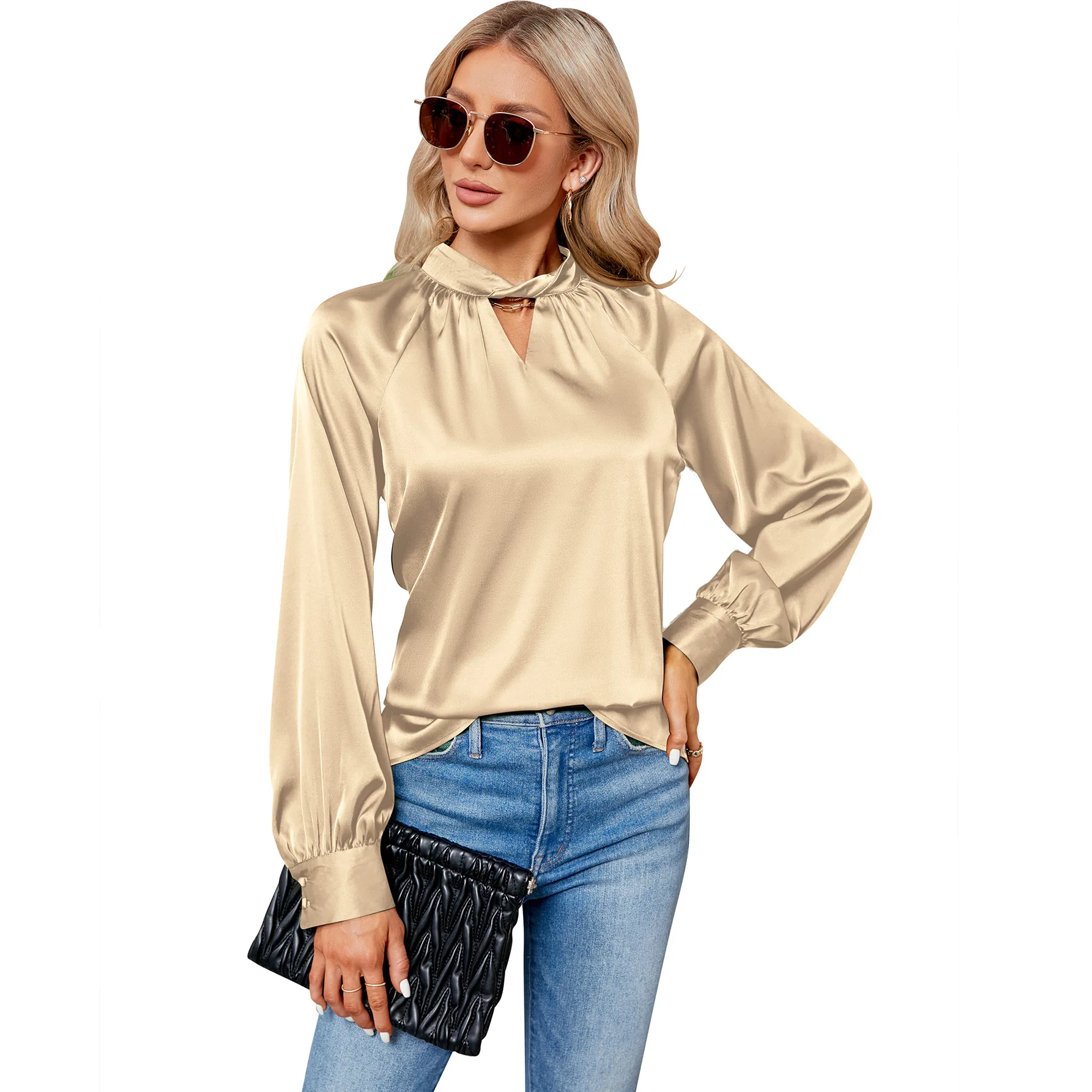 YJKDYK 2024 Spring Autumn Women's Long Sleeve Tops Shirt Satin V-neck Long Sleeved Loose Top Female Soft Smooth Commuter Shirt