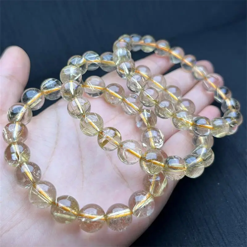 9MM Natural Gold Rutilated Quartz Bracelet String Charms Handmade Fortune Energy Bangle Mineral Woman Amulet Jewelry Gift 1PCS