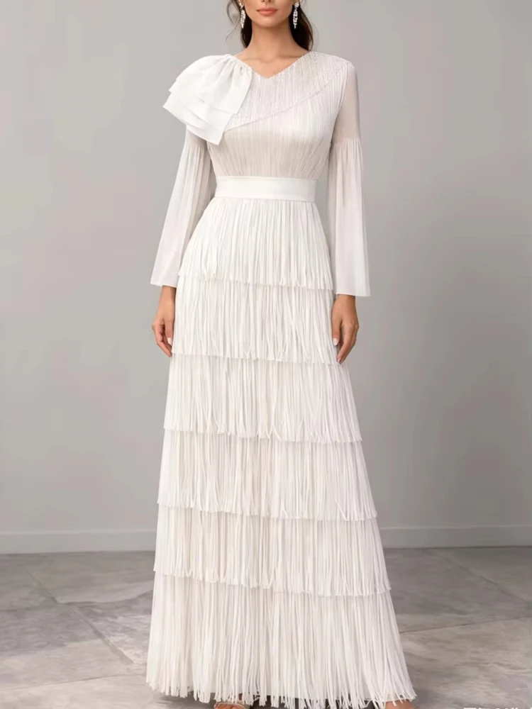 ANLAN Elegant Pleatd Women's Dress V-Neck Flare Sleeve Multi-layered Tassels Lace-Up Long Dresses 2026 Summer New Tide 3AN5517