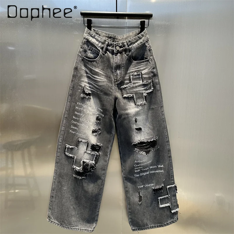 

Свободные джинсы в американском стиле ретро, женские рваные джинсы, ранняя осень 202, новые модные узкие широкие брюки с высокой талией и перекрестным принтом