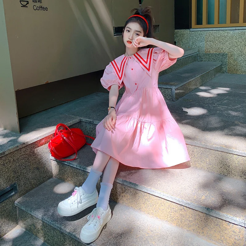 Teens Girls Summer Dress Children Casual Sweet Turn-down Collar Gown Kids Pink Short Sleeves Vestidos New Princess Loose Dresses