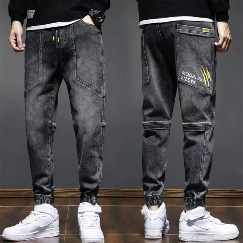 Men's Summer Fashion Workwear Jeans Loose Elastic Waist Large Size Casual Sports Nine Points Pants Harlan Style Long Trousers