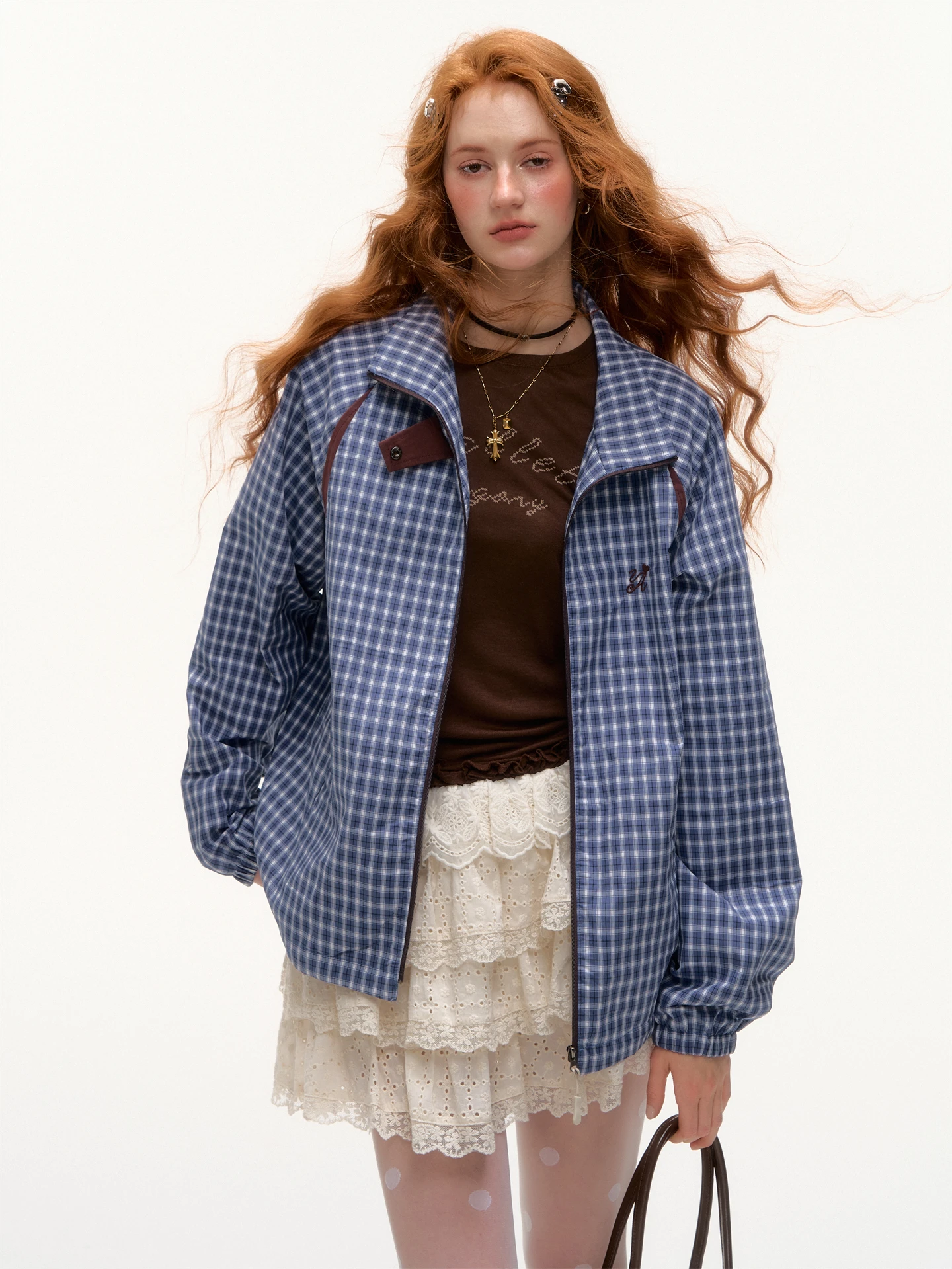 

AsGony Retro Windproof Plaid Color Blo Stand Collar Casual Jaet Ladies' Premium Feel ort Outerwear Autumn 2025