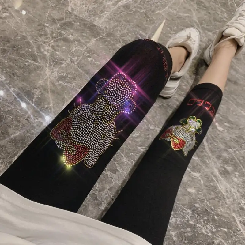 Hello Kittys Rhinestones Leggings Sanrios Anime Kawaii Cartoon Figure High Waist Cropped Flash Leggings Versatile Slim Slimmings