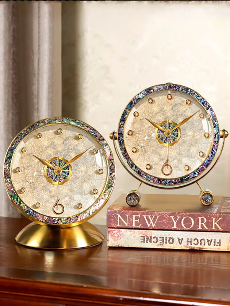 8 Inch Alloy Silent Table Clock with Natural Abalone Shell – Luxury Decorative Desk Clock for Living Room & Office
