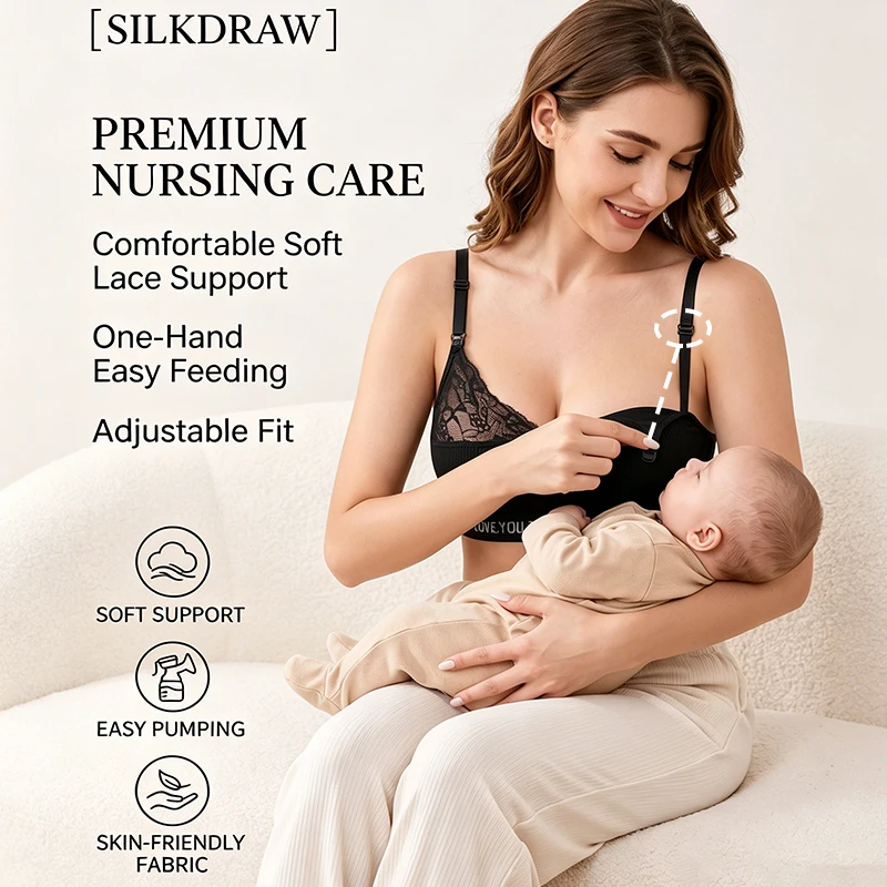 

Black Comfortable Women Lace Nursing Bra Wireless Maternity Breastfeeding Bra One-Hand Easy Open for Pregnancy & Postpartum