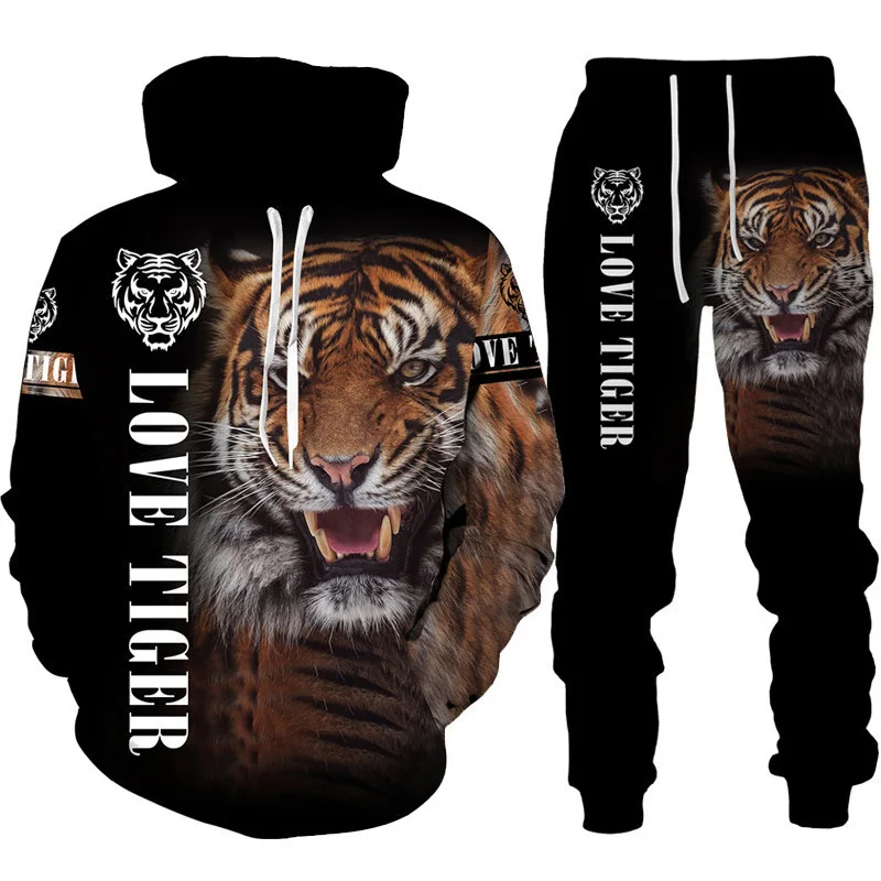 Cool Flame Tiger Print Hoodie 2 Pcs Outfits 3D Men/Women Hooded Sweatshirt Pant Sets Summer Autumn Outdoor Sports Pullover Suits