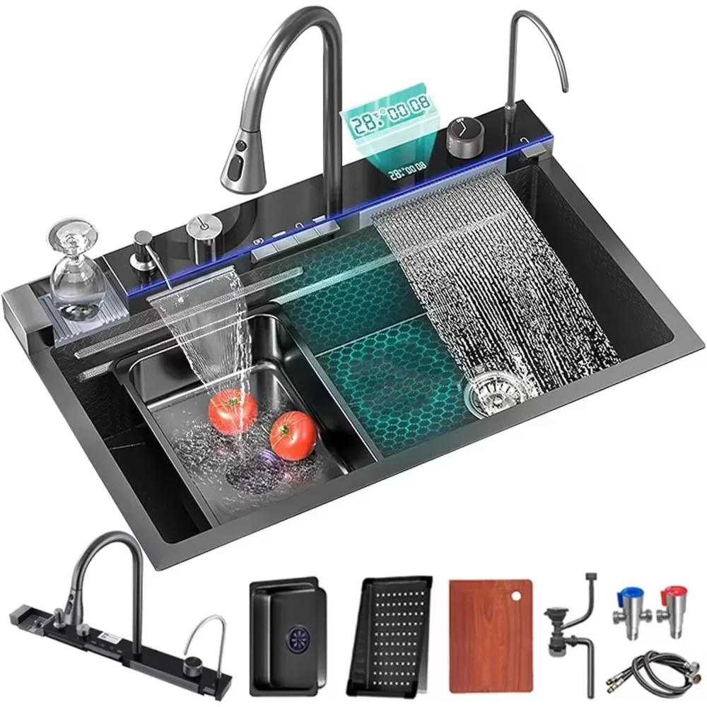 Intelligent 304 stainless steel black LED waterfall kitchen sink with multifunctional cup washing machine