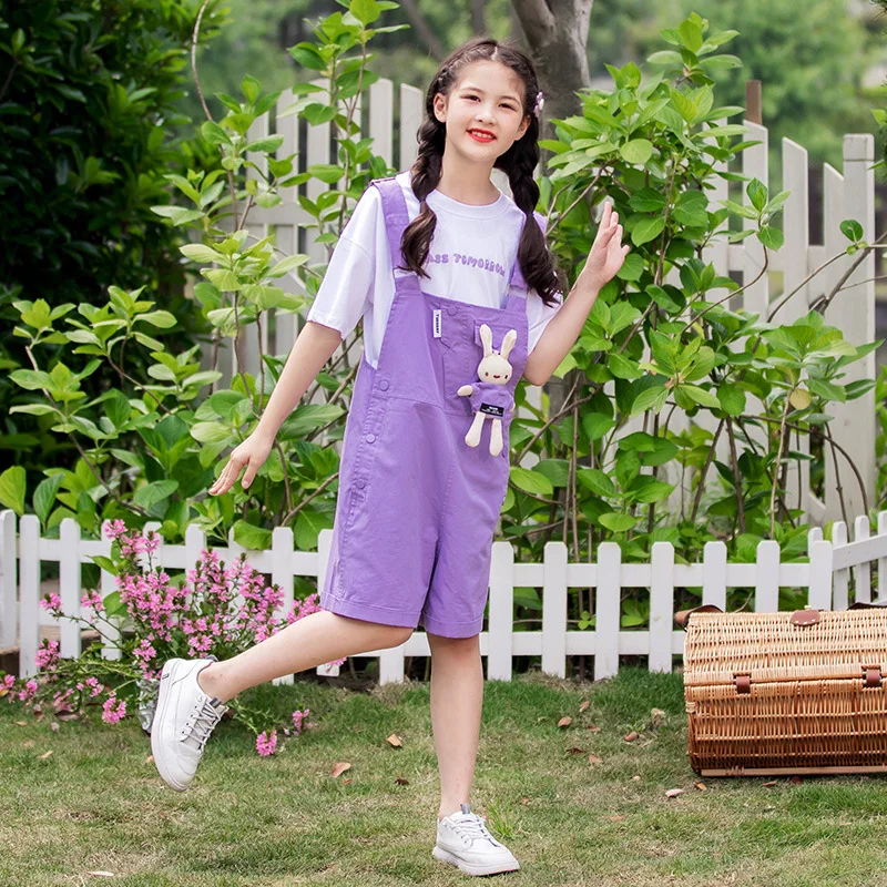 

Korean Summer Children Girl 2PCS Clothes Set Teenager Girl Short-Sleeved T-Shirt+Cartoon Rabbit Suspender Shorts Set For Girls