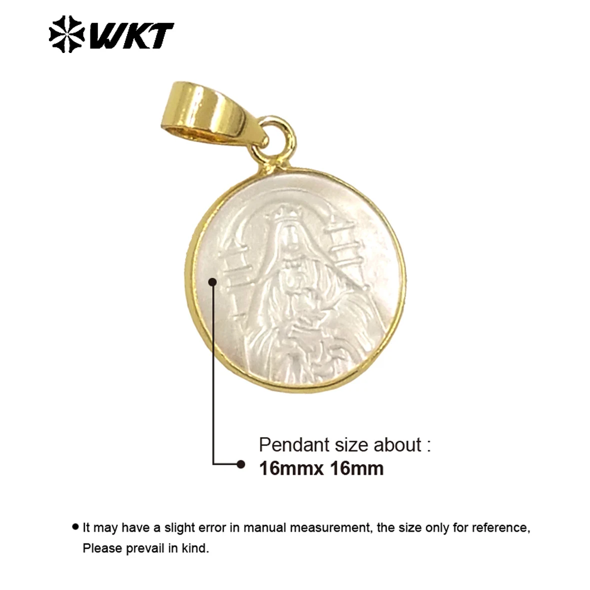 WT-JP376 WKT New Developed Natural Pearl Shell Carved Christian Religious Necklace Pendant Gold Anniversary Gift
