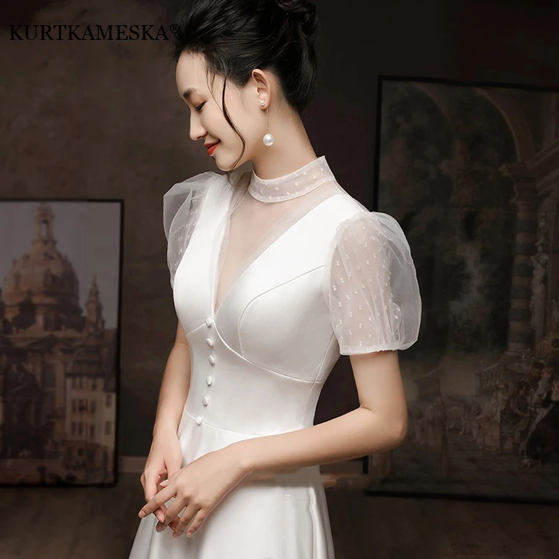 

Elegant White A Line Sexy Blackless Evening Dresses For Women Puff Sleeves Floor Length O-neck Prom Gown Formal Occasion Dress