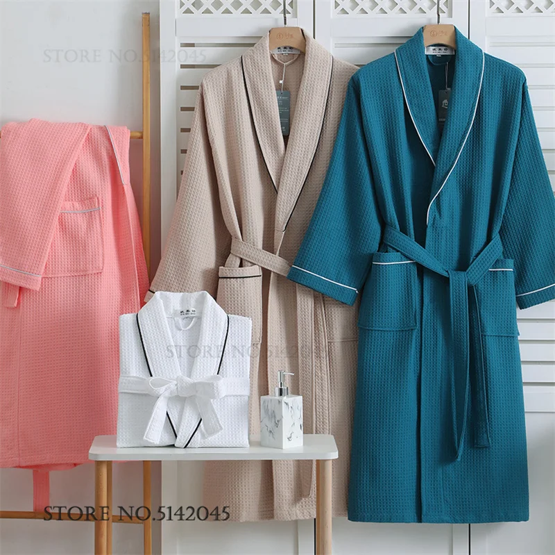 

Elegant Cotton Waffle Kimono Bathrobe for Women Loose Sleepwear Negligee Autumn Home Dress Loungewear
