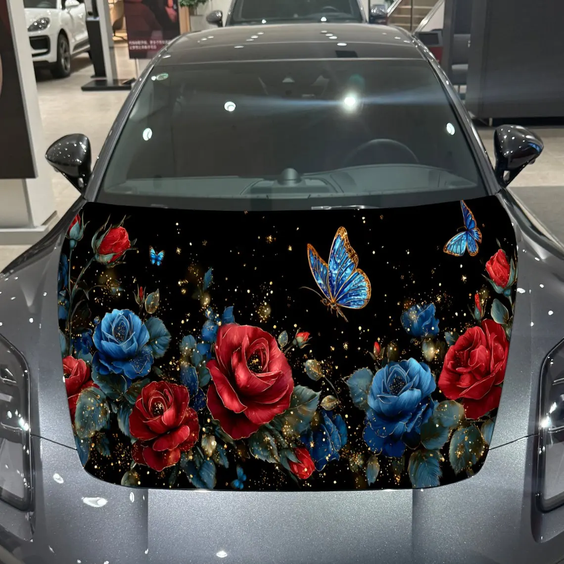Classic Nature Rose Butterfly Car Hood Wrap, Floral Butterfly Themed Car Hood Decal, Car Exterior Accessory, Waterproof and Self