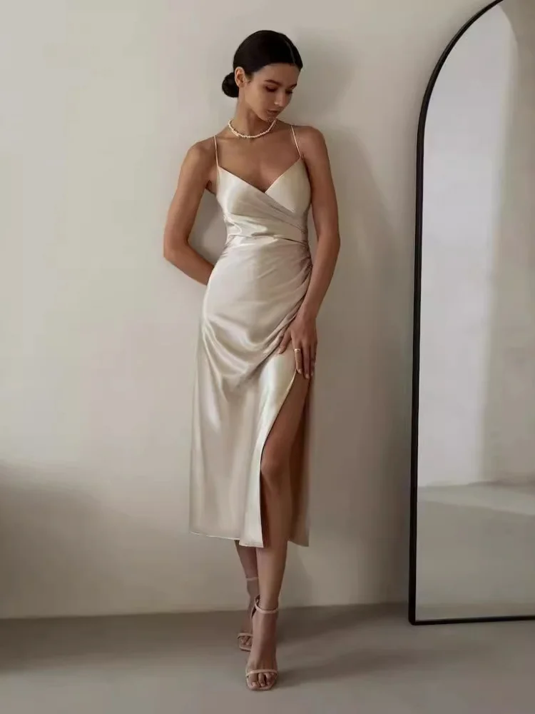 

Fashionable Sexy Backless Split Dress GY Elegant Pure Color Polyester Sleeveless City Commute Suitable Dress for Women