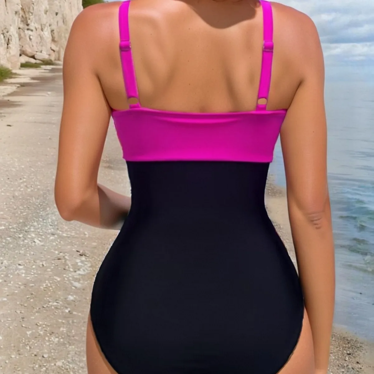 2025 New Women's Sexy Block Color Sling Bikini High Waist One-piece Swimsuit Tight Cross Gathered Beachwear Brazil Bathing Suit