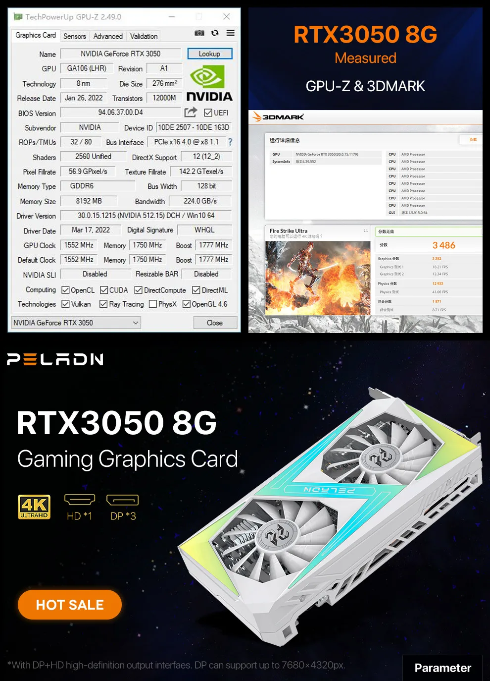 Peladn Wholesale Gaming Computer Graphics Card GeForce RTX 3050 8GB GDDR6 128-bit 8-pin DP Desktop Graphics Card PC