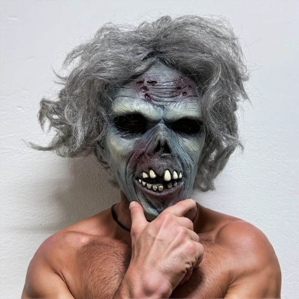 Maska Zombie Martwy Ludzik z Szarych Włosów dla Dorosłych z Gumą, Krewą, Szczęką, Rany na Halloween, Szczegółowe Złe Zęby, Dodatek do Kostiumu