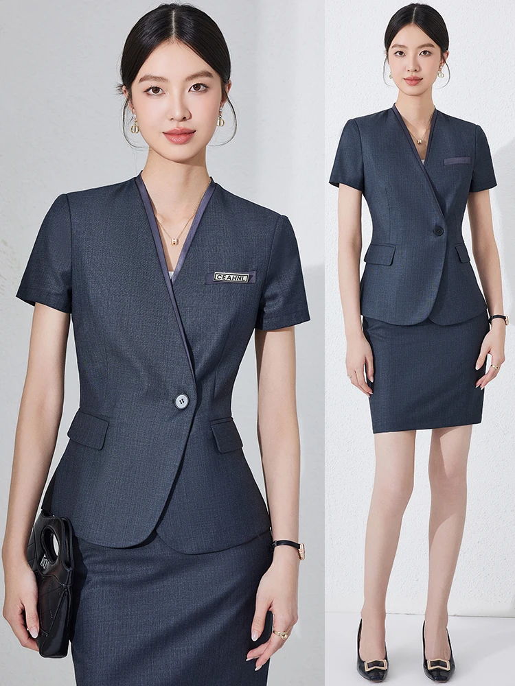 

Gray Suit Set Women's Summer Short Sleeve Professional Formal Front Desk Hotel Workwear Uniform 4S Store Jewelry Store
