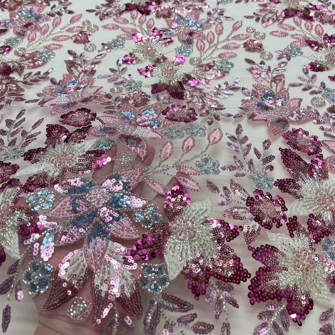 

Pink Wild Floral Embroidery Lace Handmade Beaded Sequins French Mesh Fabric For African Nigerian Bridal Party Sewing Fabric