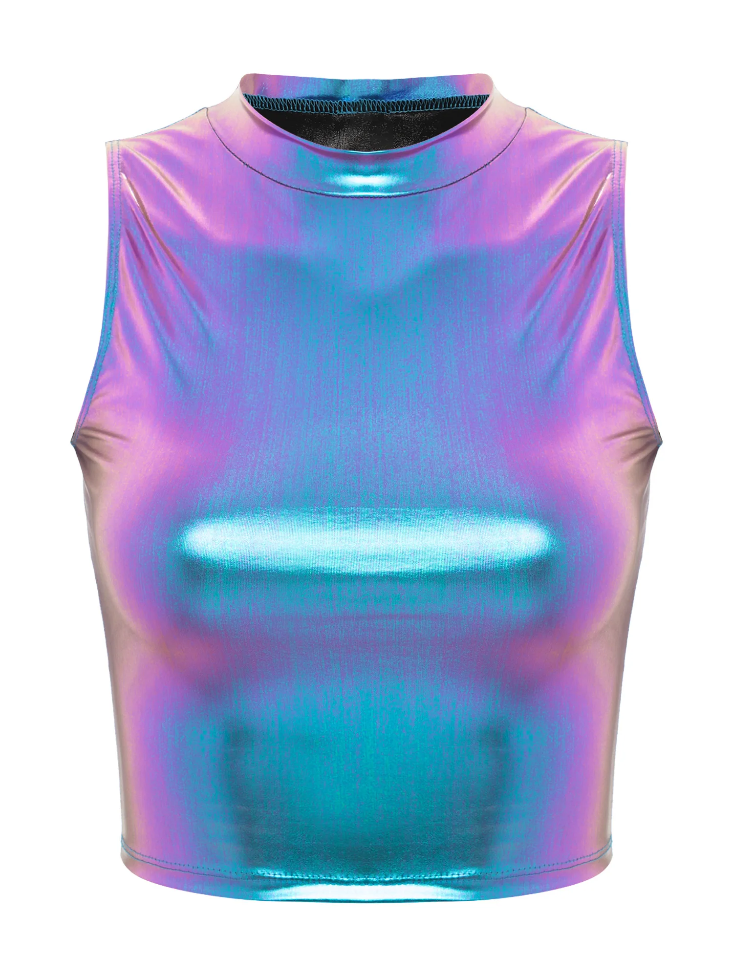 Camiseta sin mangas de charol metálico brillante para mujer, Top corto con cuello simulado, camisola para Club nocturno, fiesta, Rave, disfraz de