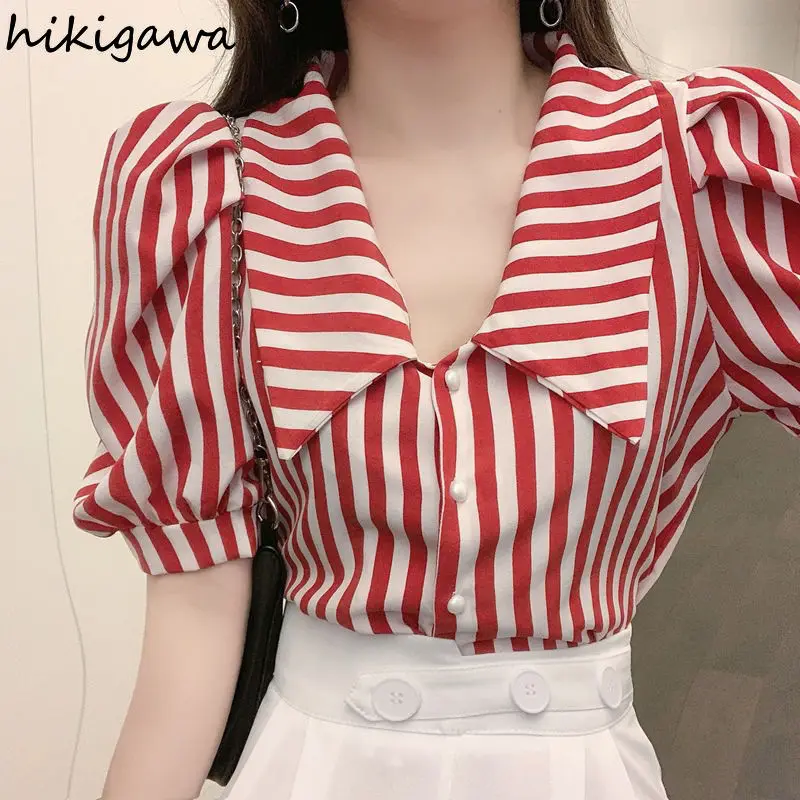 Fashion Striped Blusas Women Shirts Vintage Puff Sleeve Blouses Woman Casual Clothes Korean Tunic Tops 2023 Blusas Mujer De Moda