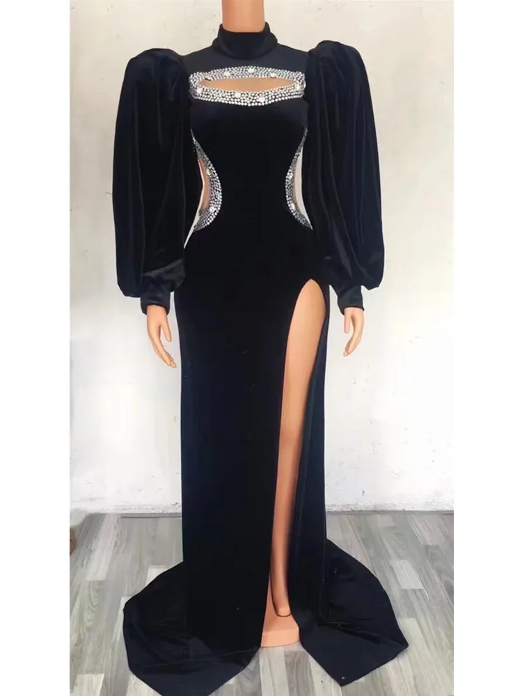 

New Sexy Keyhole Long Dress Arrival Black Velvet Women Long Lantern Sleeve Elegant Evening Party Dress Celebrate Prom Dress