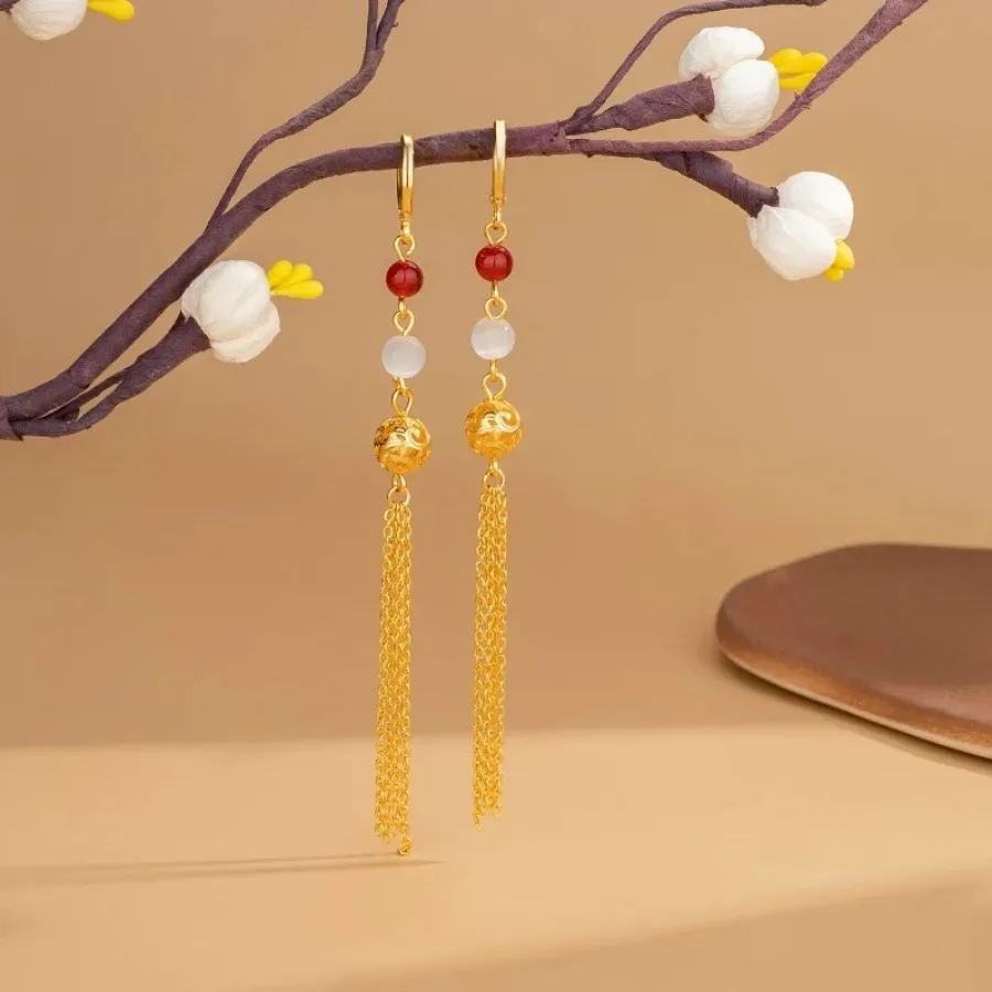 Fylia Jewelry   Light luxury 24K real gold hydrangea two-color pearl ear buckle female fashion hollow-out tassel earrings to his