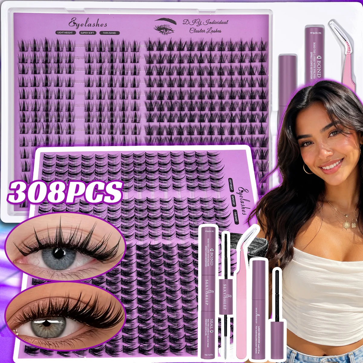 Wimpernbüschel-Set, verschiedene Stile, große Kapazität, Manga-Einzelwimpern-Set mit Kleber, Versiegelung, Entferner, Pinzette, Make-up – Detail 1