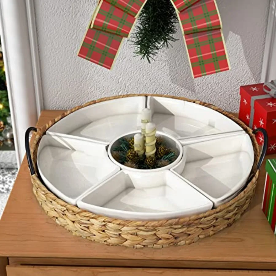 

Ceramic Serving Tray Food Tray 15.5 x 15.5 Inch Divided Serving Platter with 6 Removable Dishes Portable Handle Cattail Serving