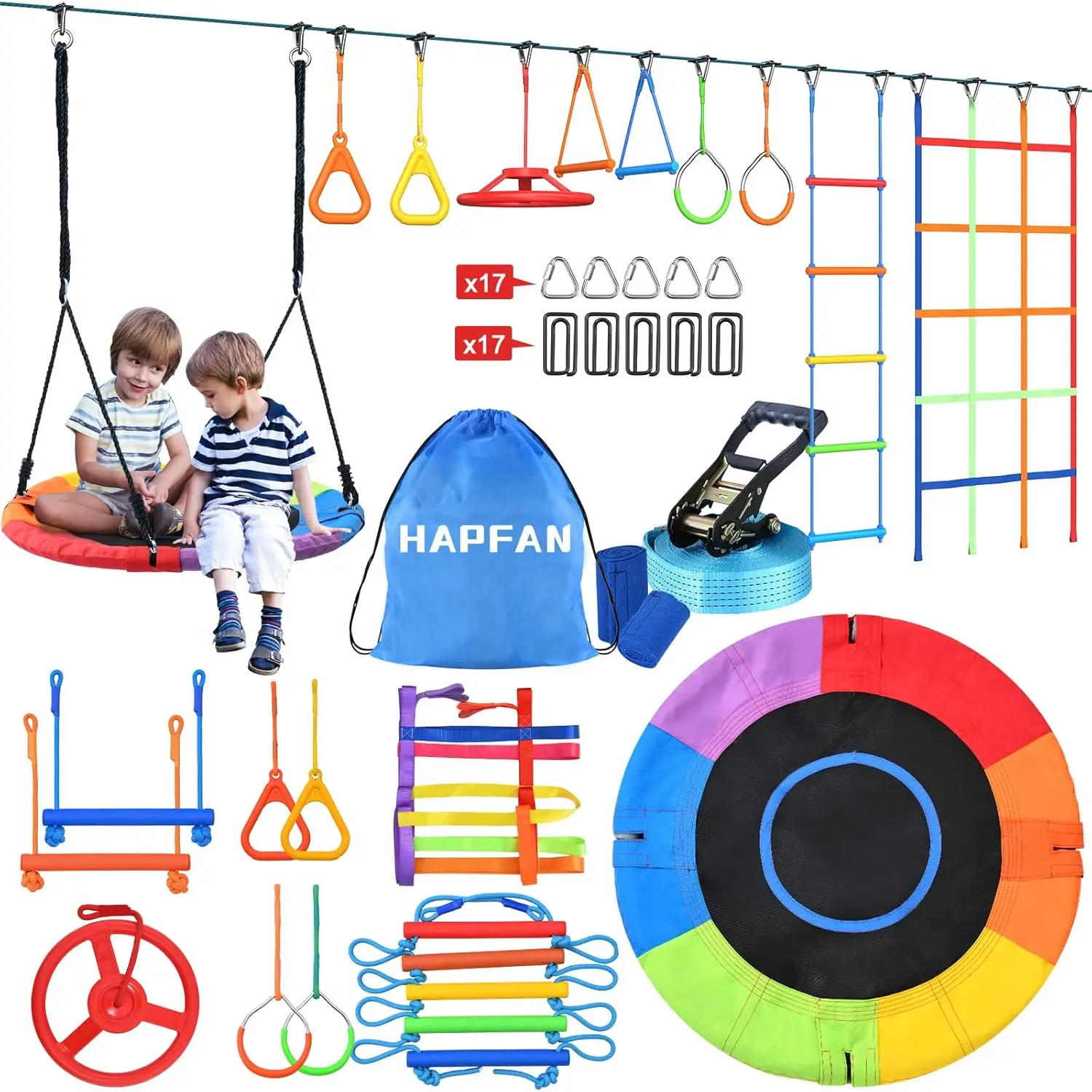 50 FT Ninja Warrior Obstacle Course Swing Set for Kids with Weather-Proof Accessories, Outdoor Playset with Monkey Bars for Back