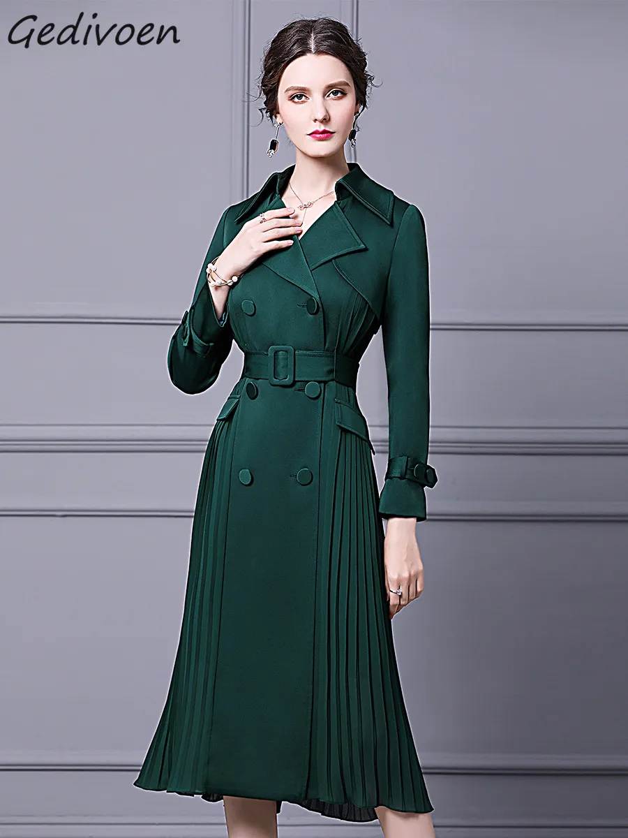 Gedivoen Fashion Designer dress Spring Women's Dress Turn-down Collar Long Sleeve Double Breasted Belt Pleated Dresses