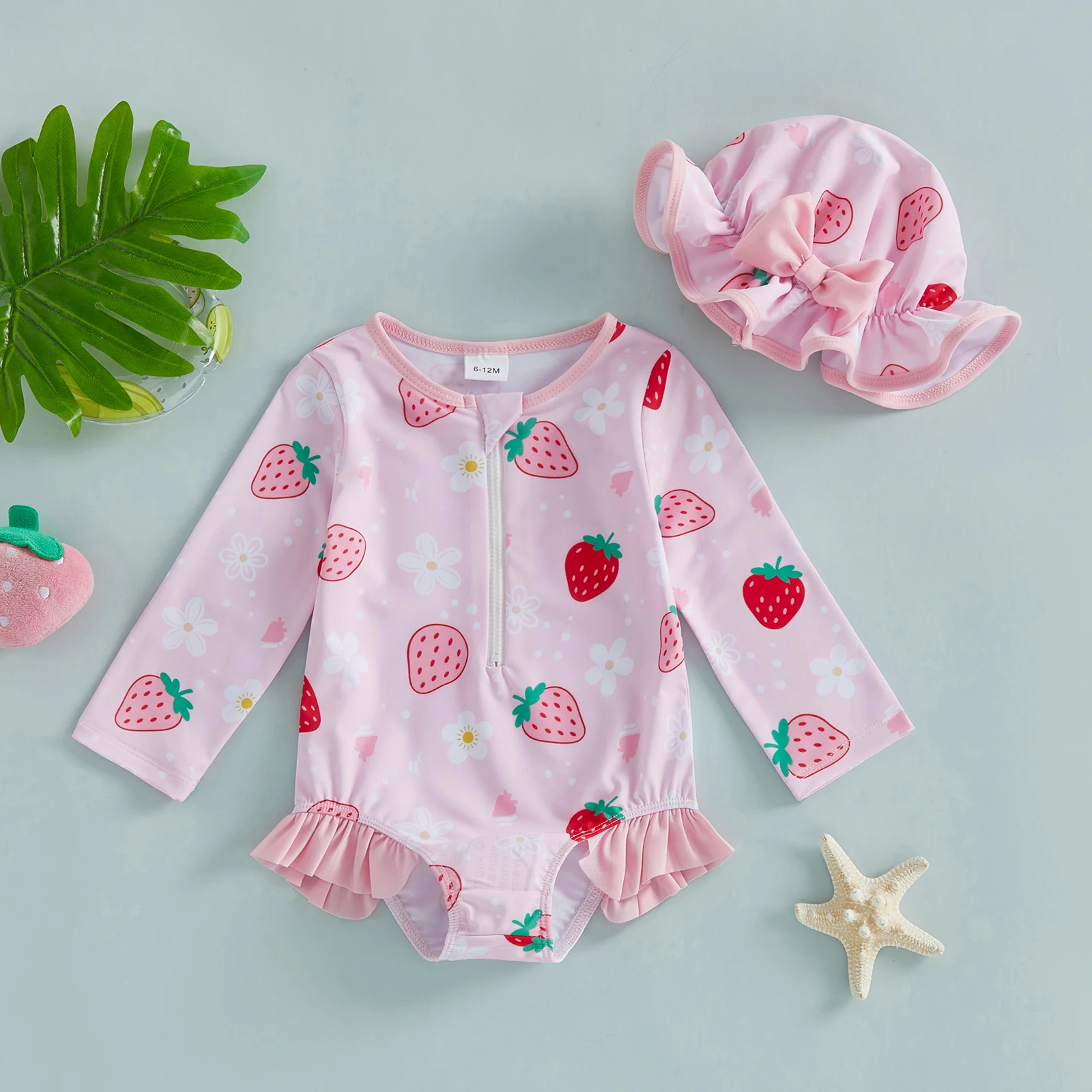 VISgogo Baby Girl Rash Guard Swimsuit Long Sleeve Strawberry Print Bathing Suit Infant Swimwear with Sun Hat