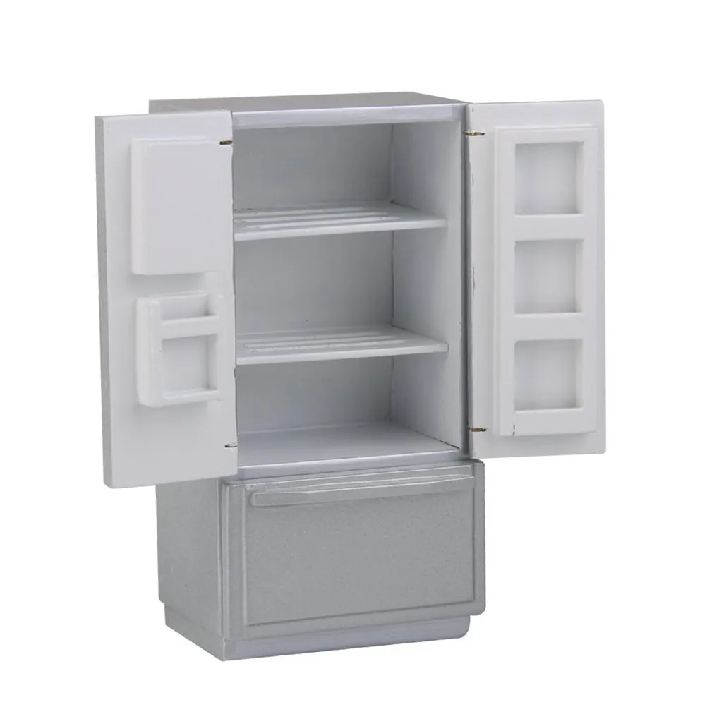 1Pcs Mini Refrigerator Wooden Simulation Double Doors Durable Educational Accessory Kids Room Decoration Mini Refrigerator Model