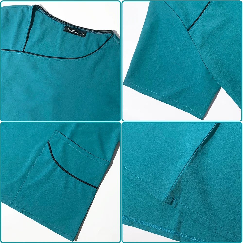 Vestido cirúrgico unisex com bolso, Ternos de esfrega finos e macios, Uniforme de cor sólida, Vestuário médico, Top e calças, Uniforme hospitalar dentário, Moda