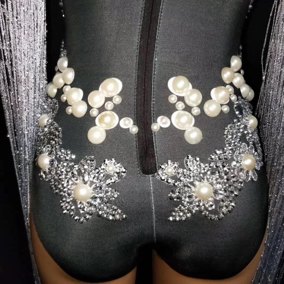 Shining Rhinestone Women Long Sleeve Bodysuits Tassel Pearls Nightclub Bar Prom Singer Jazz Dance Stage Drag Queen Costume