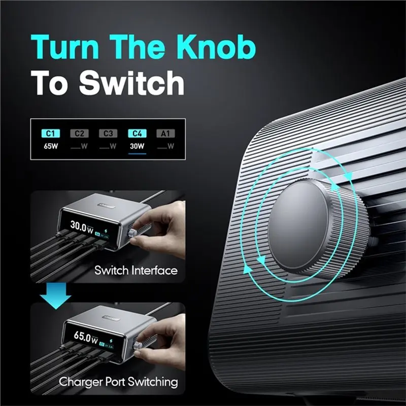FULL-265W Gan Fast , 4 Type-C Ports PD100W+USB 30W, Digital Display For Laptop/Phone/Tablet, Travel/Home EU Plug