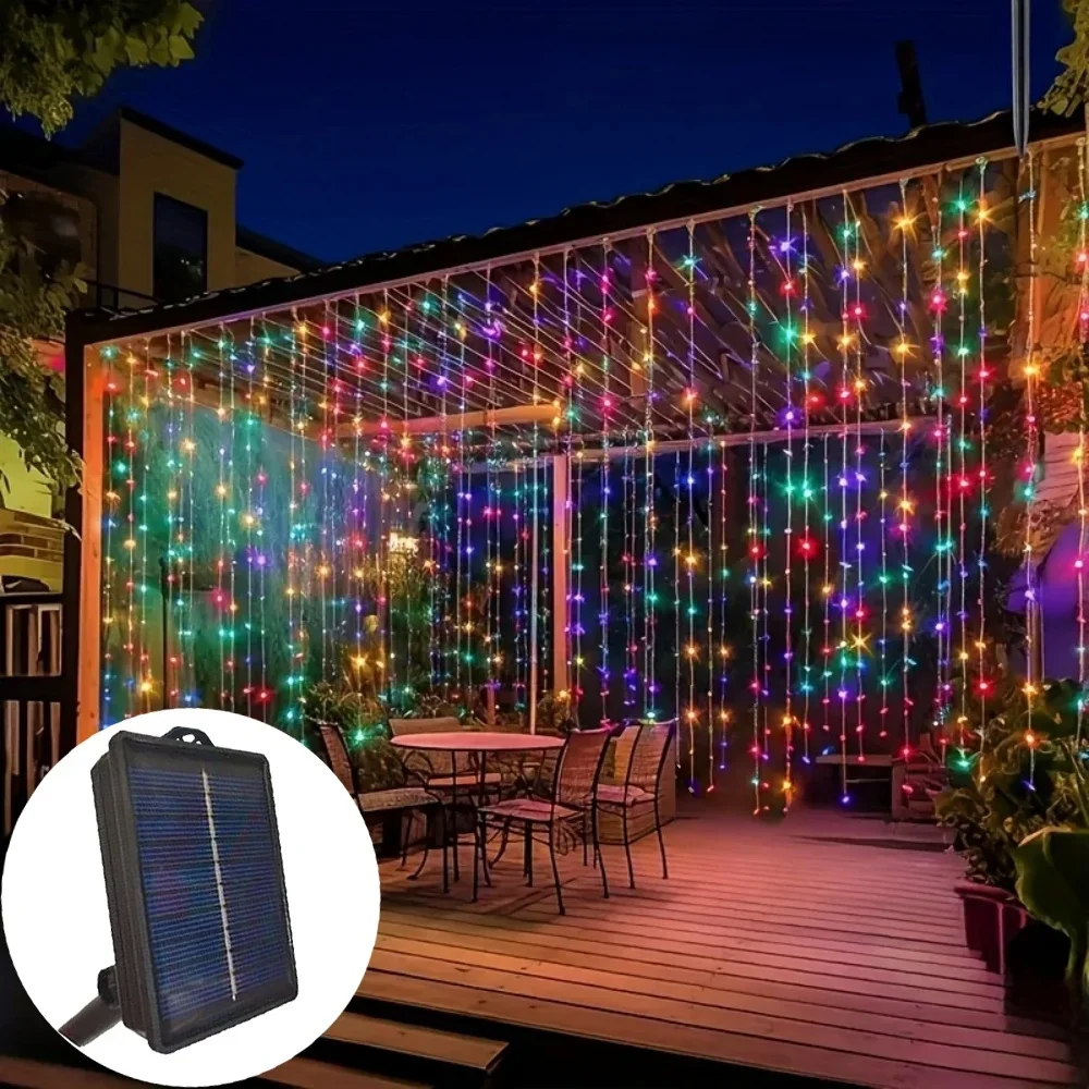 LED Solar Curtain String Lights Outdoor Fairy Lights Wedding Christmas Twinkle String Lights 8 Modes for Home Garden Patio Decor