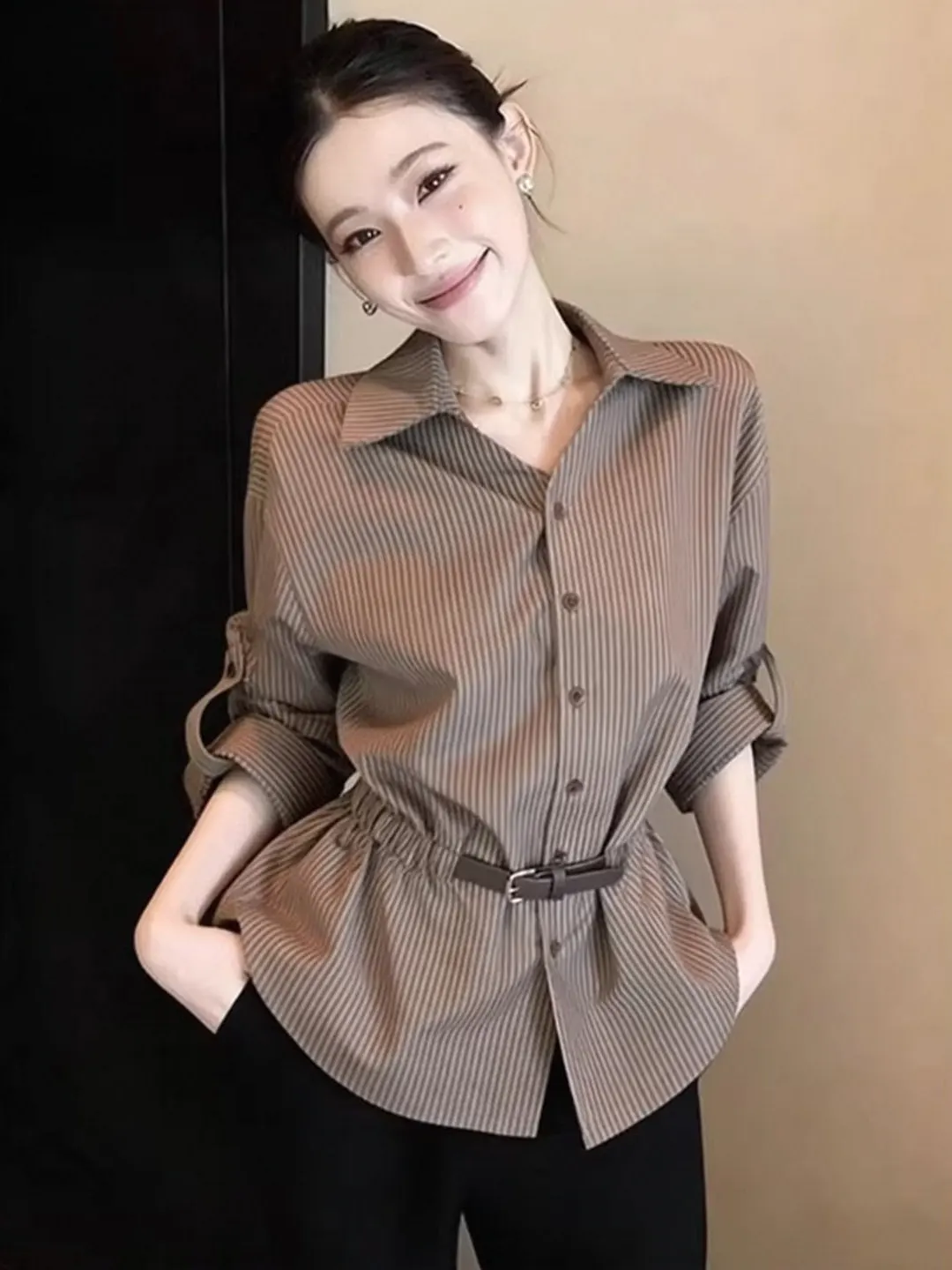 

Retro Striped Women's Shirt Long Sleeve Turn-down Collar Waist-cinching Slimming Commute-friendly Top Spring New Style