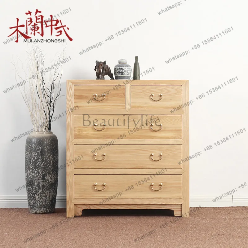 Modern new Chinese old elm chest of drawers, bedroom solid wood five-drawer cabinet