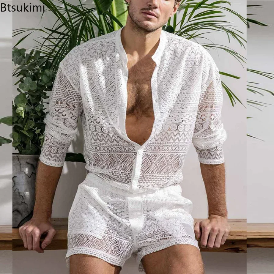 2025 Męskie letnie dwuczęściowe zestawy garniturów See Through Lace Stroje plażowe Plain Pattern Print Topy z długim rękawem i szorty Zestaw męski