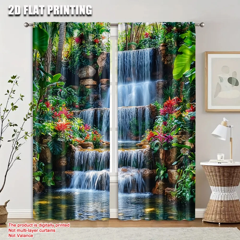 2pcs 2D flat printing Curtains Waterfall With Lush Tropical Durable 100% Polyester Fabric,Without Electricity Family Party for