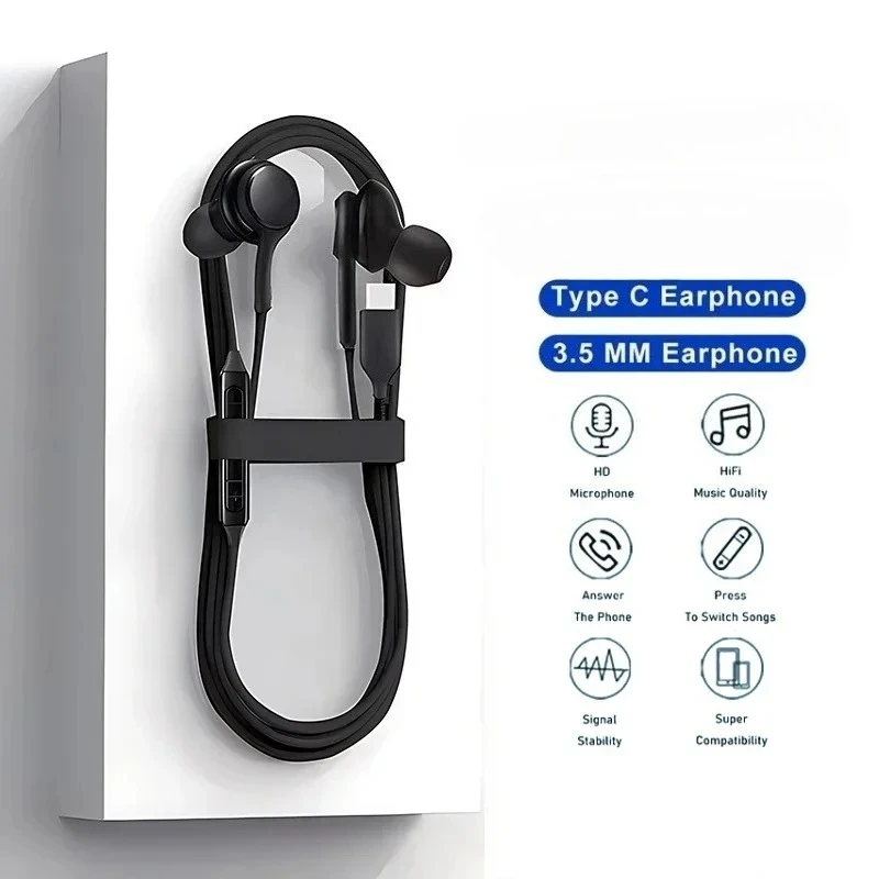 Stereo Audio Type-C & 3.5mm Wired In-Ear Earphones Portable Lightweight Earbuds for Type-C And 3.5mm Audio Port Devices
