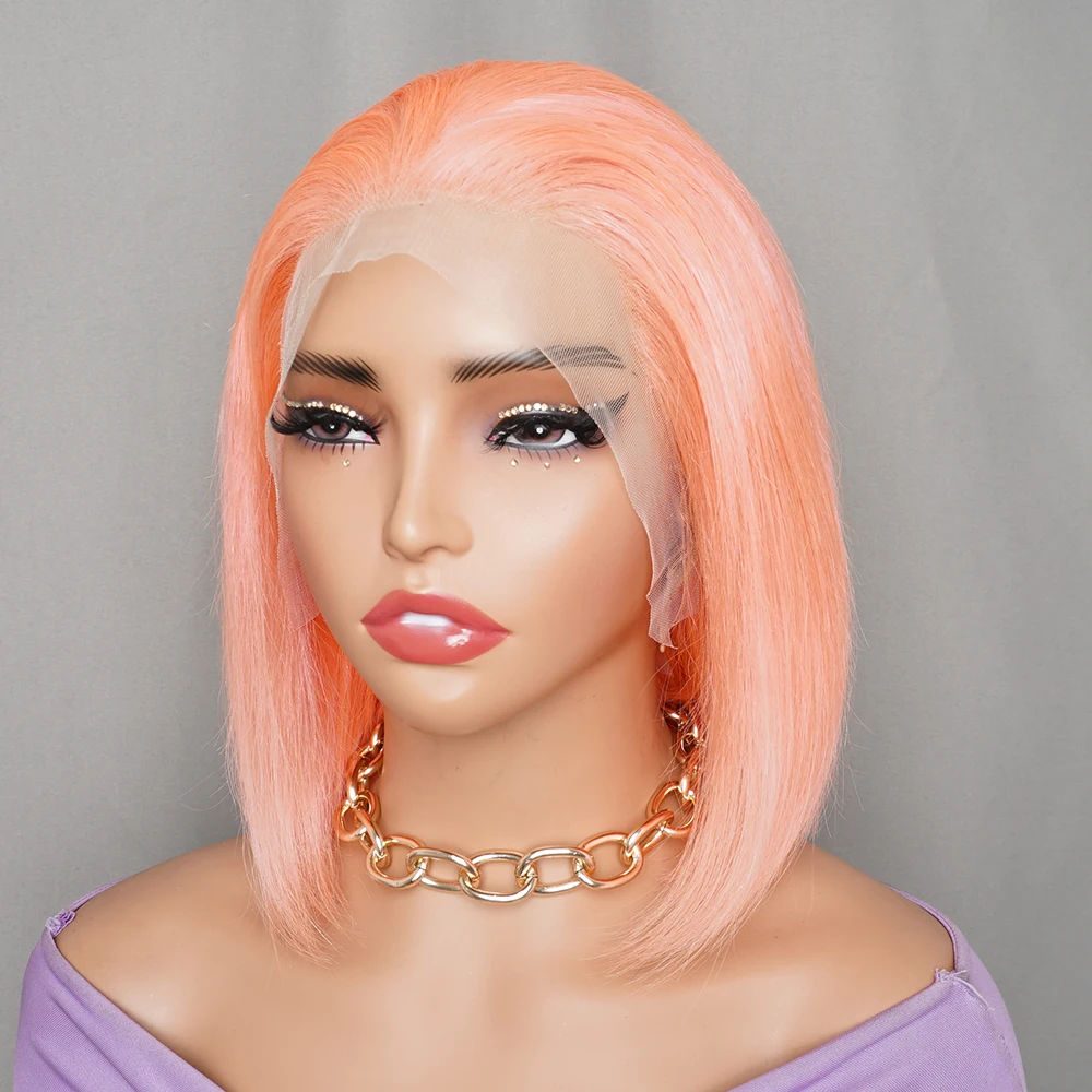 

Pink Colored Bone Straight 16A Human Hairs Bob Wig 13x4 HD Lace Frontal Wigs Pre-colored Remy Indian Human Hair Extension