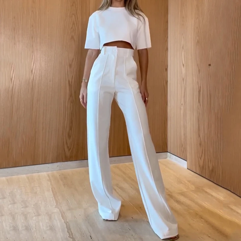 

Women Round Neck Short Sleeve Suit Fashion Solid Top Loose With Pockets Pants Two Piece Sets Female Elegant Streetwear Outfits