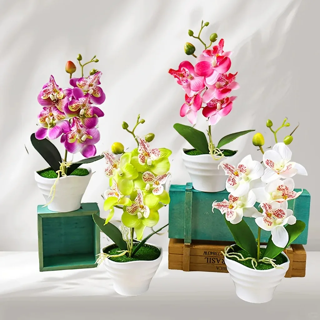 تشكيلة زهور الأوركيد الاصطناعية الفاخرة، نبات صناعي من الحرير الأبيض مع مزهرية لديكور القطعة المركزية للمكتب المنزلي الحديث