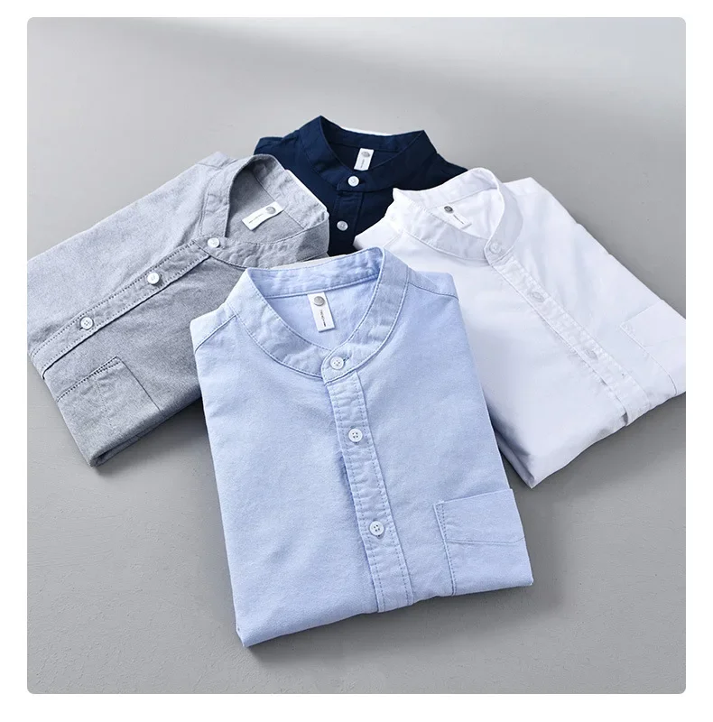 

Spring Simple Man Shirts Korean Style Casual Mens Long Sleeve Shirt Daily Top Solid Oxford Stand Collar Shirt Comfort Clothing