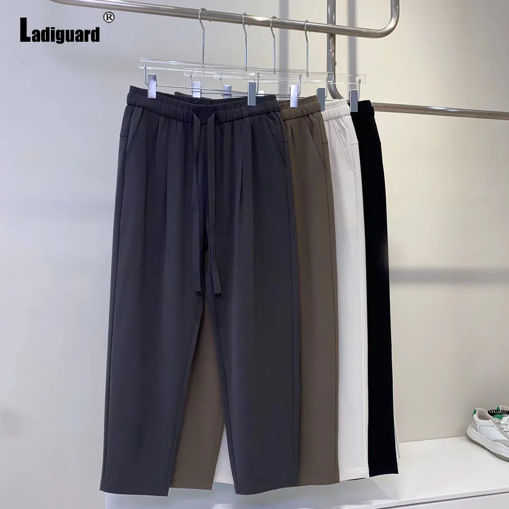 Ladiguard Plus Size Men's Stand Pocket Casual Simple Basic Pants White Elastic Waist Trousers 2024 Harajuku Fashion Sweatpants