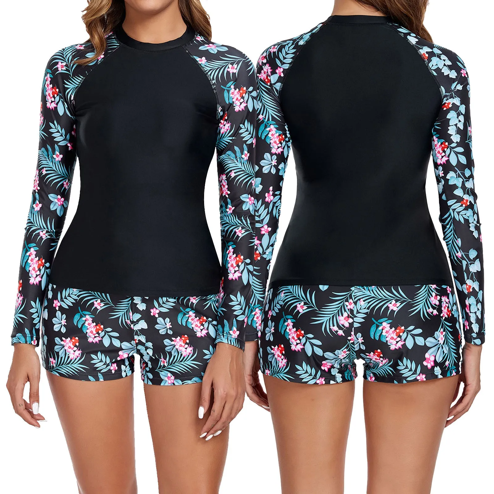 Summer Floral Print Bikinis Set Women Long Sleeve Quick Dry Swimwear Breathable Surfing Sports Racing Swimming Suit Beachwear