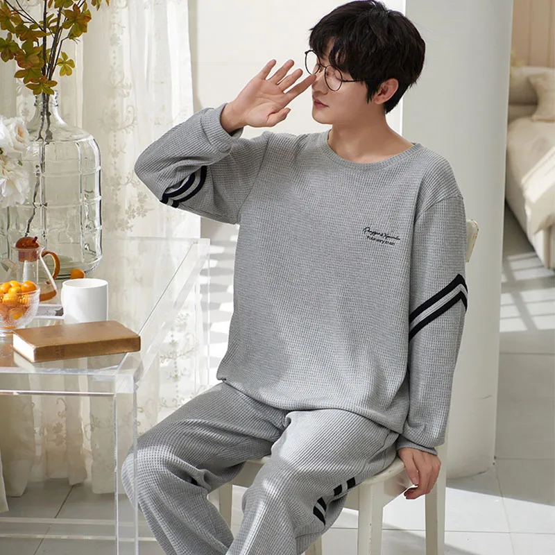 Spring Autumn Mens Waffle Pyjama Sets T-shirts+Pants Two Pieces Suit Cartoon Sleepwear Male Loose Nightwear Casual Home Clothes